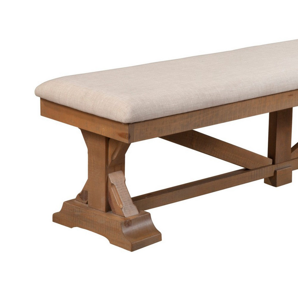 Benjara Tess 69 Inch Dining Accent Bench, Beige Fabric Cushion, Pine Wood, Brown