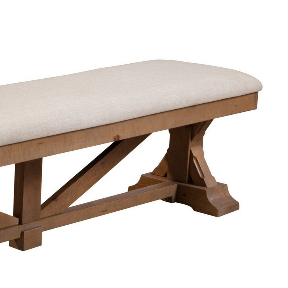 Benjara Tess 69 Inch Dining Accent Bench, Beige Fabric Cushion, Pine Wood, Brown