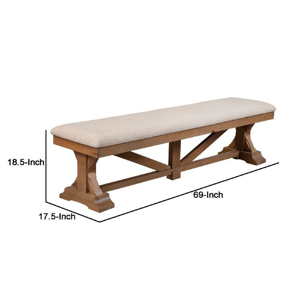 Benjara Tess 69 Inch Dining Accent Bench, Beige Fabric Cushion, Pine Wood, Brown