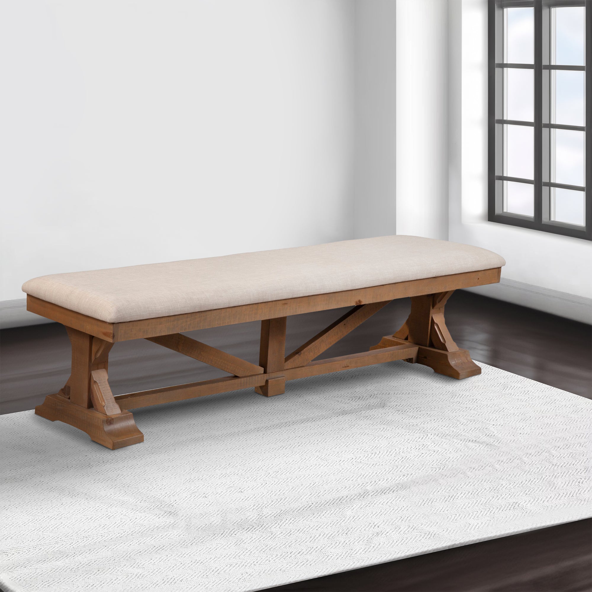 Benjara Tess 69 Inch Dining Accent Bench, Beige Fabric Cushion, Pine Wood, Brown