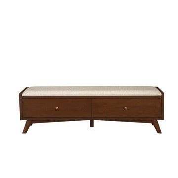 Benjara Ian 59 Inch 2 Drawer Accent Bench, Beige Seat, Mahogany Wood, Walnut Brown