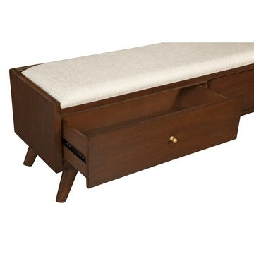 Benjara Ian 59 Inch 2 Drawer Accent Bench, Beige Seat, Mahogany Wood, Walnut Brown