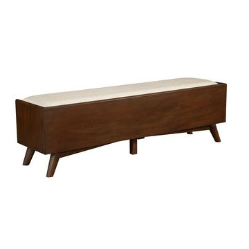 Benjara Ian 59 Inch 2 Drawer Accent Bench, Beige Seat, Mahogany Wood, Walnut Brown