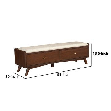 Benjara Ian 59 Inch 2 Drawer Accent Bench, Beige Seat, Mahogany Wood, Walnut Brown