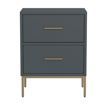 Benjara Max 26 Inch 2 Drawer Wood Nightstand, Brass Metal Frame And Handles, Gray