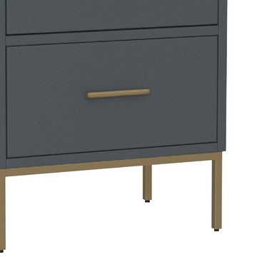 Benjara Max 26 Inch 2 Drawer Wood Nightstand, Brass Metal Frame And Handles, Gray