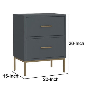 Benjara Max 26 Inch 2 Drawer Wood Nightstand, Brass Metal Frame And Handles, Gray