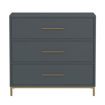 Benjara Max 36 Inch 3 Drawer Small Dresser Chest, Brass Metal Frame, Slate Gray