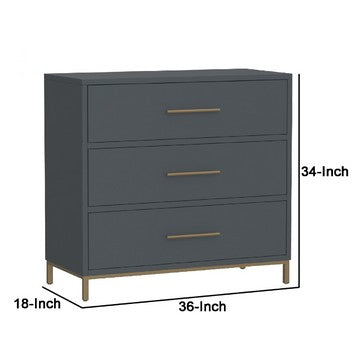 Benjara Max 36 Inch 3 Drawer Small Dresser Chest, Brass Metal Frame, Slate Gray