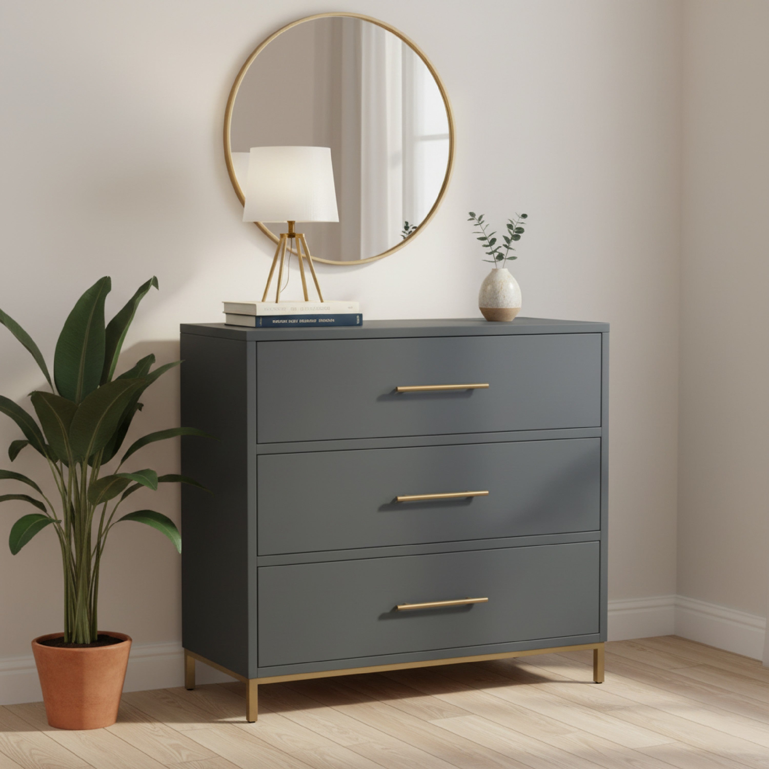 Benjara Max 36 Inch 3 Drawer Small Dresser Chest, Brass Metal Frame, Slate Gray