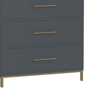 Benjara Max 48 Inch 5 Drawer Tall Dresser Chest, Brass Metal Frame, Slate Gray