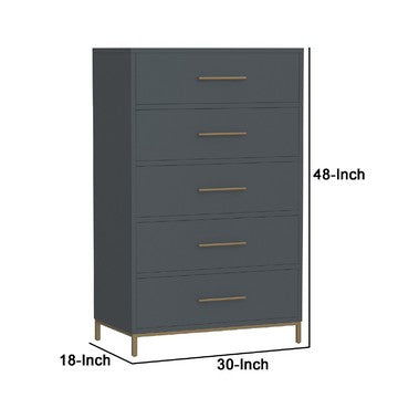 Benjara Max 48 Inch 5 Drawer Tall Dresser Chest, Brass Metal Frame, Slate Gray