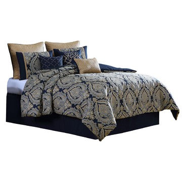 Benjara Nova 9 Piece Polyester Queen Comforter Set, Gold Damask Print, Navy Blue