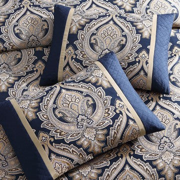 Benjara Nova 9 Piece Polyester Queen Comforter Set, Gold Damask Print, Navy Blue