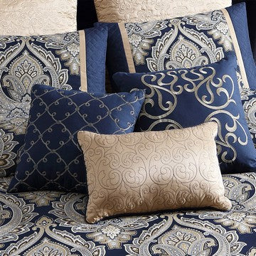 Benjara Nova 9 Piece Polyester Queen Comforter Set, Gold Damask Print, Navy Blue