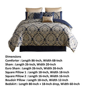 Benjara Nova 9 Piece Polyester Queen Comforter Set, Gold Damask Print, Navy Blue