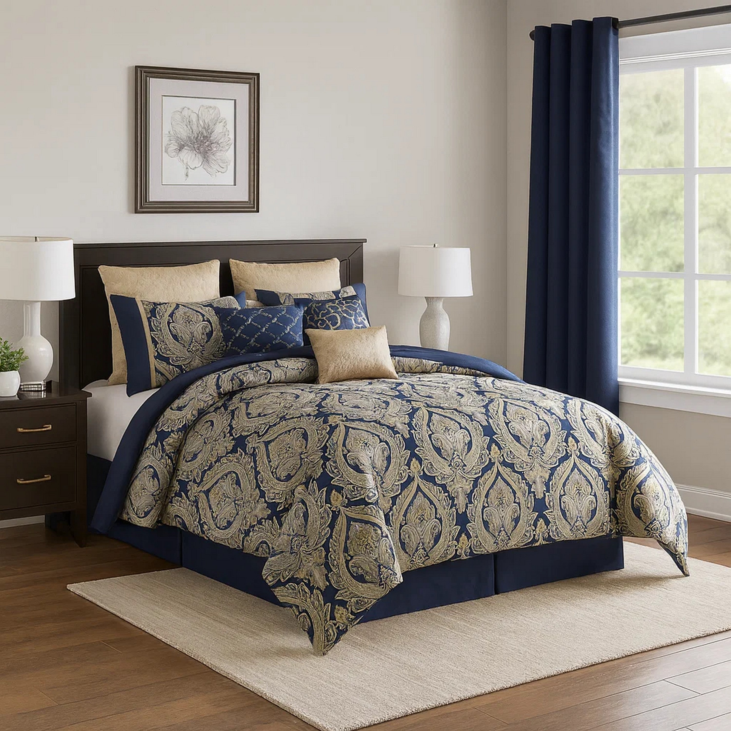 Benjara Nova 9 Piece Polyester Queen Comforter Set, Gold Damask Print, Navy Blue