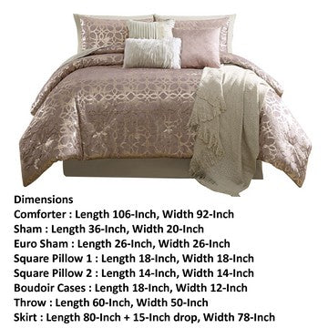Benjara Eve 10 Piece King Size Poly Velvet Comforter Set, Foil Pattern, Blush Pink