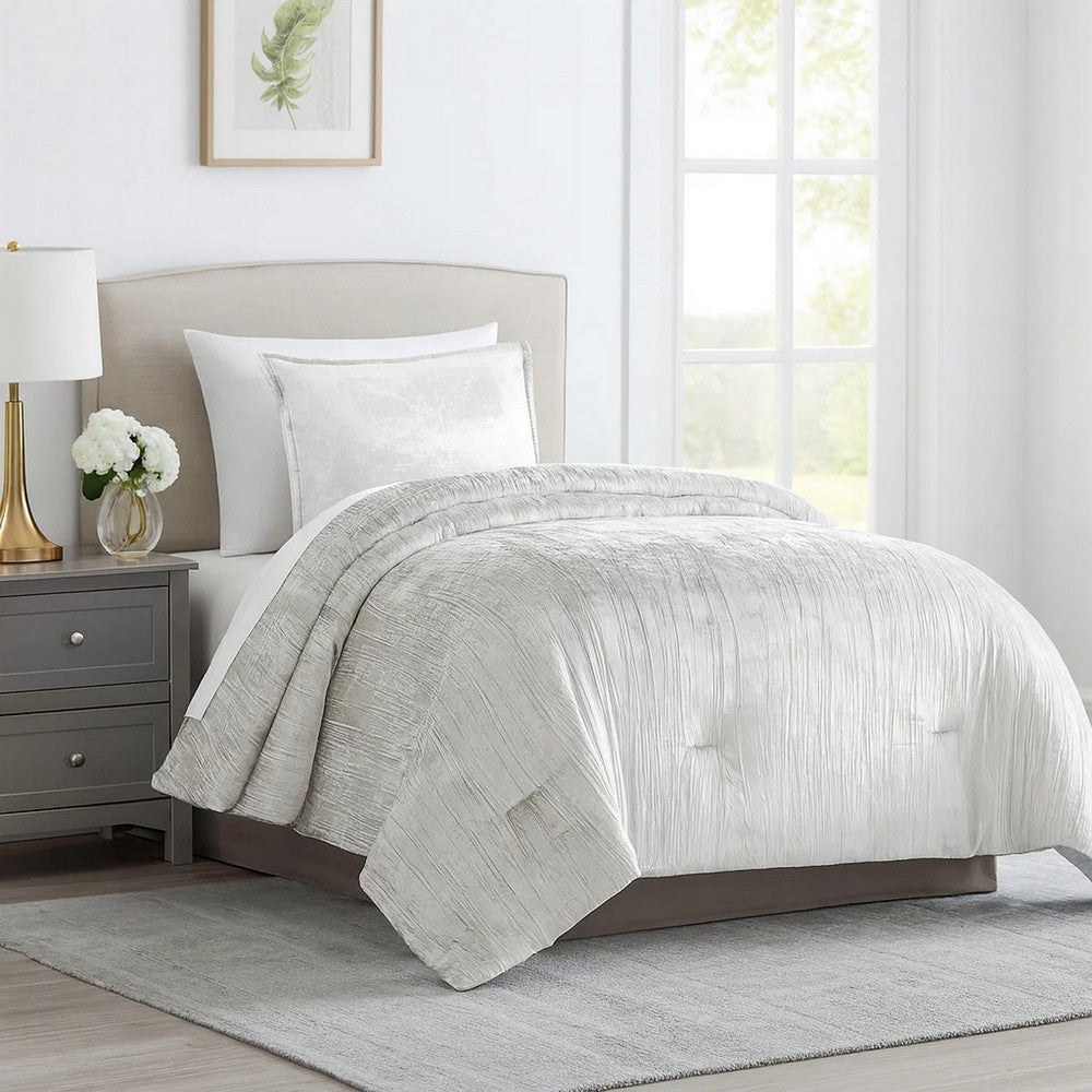 Benjara Jay 2 Piece Twin Comforter Set, Polyester Velvet Deluxe Texture, White