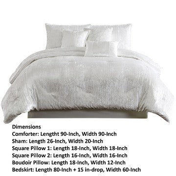 Benjara Jay 7 Piece Queen Comforter Set, White Polyester Velvet Deluxe Texture