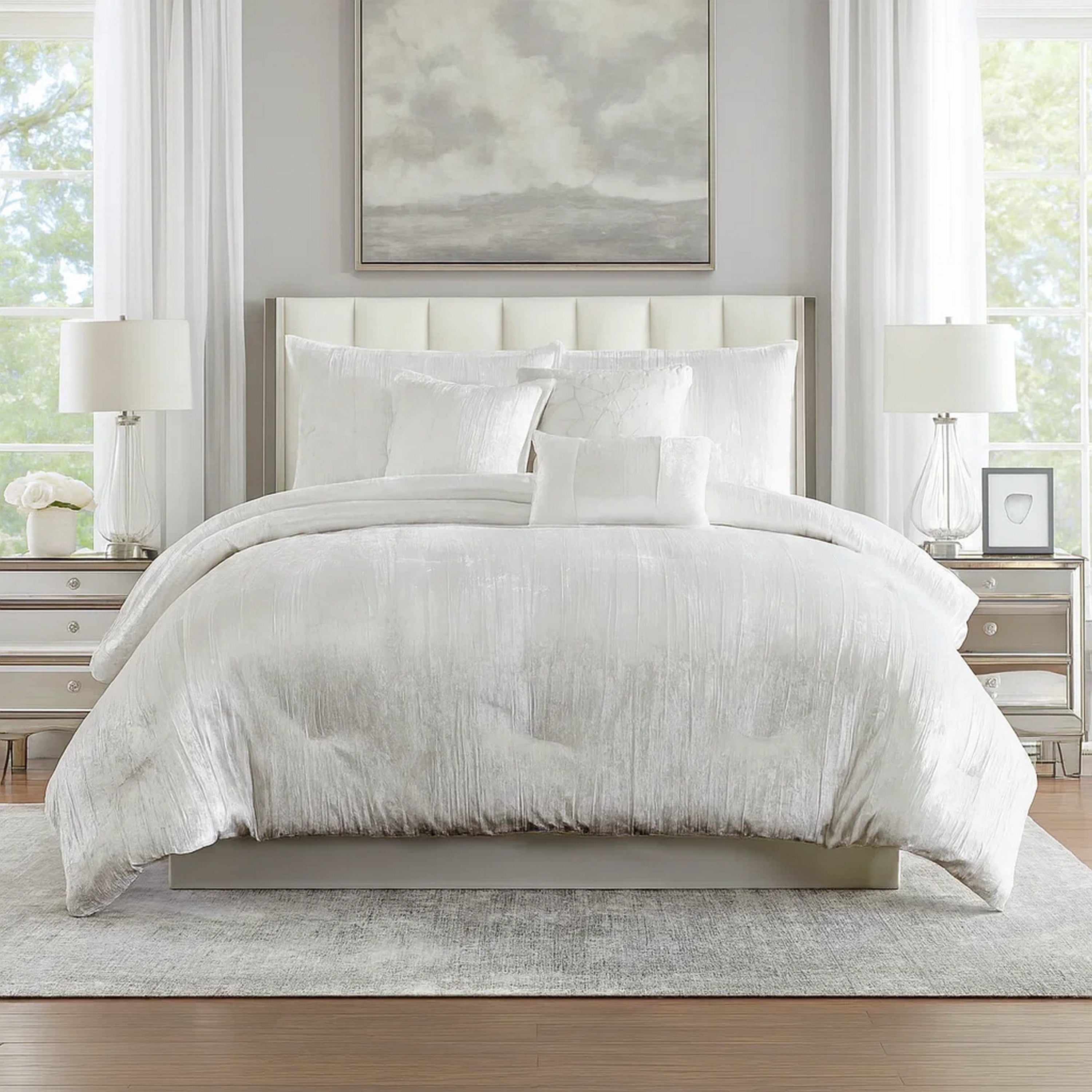 Benjara Jay 7 Piece Queen Comforter Set, White Polyester Velvet Deluxe Texture