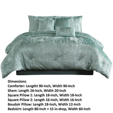 Benjara Jay 7 Piece Queen Comforter Set, Green Polyester Velvet Deluxe Texture