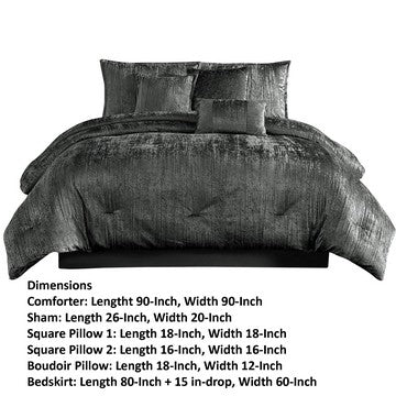 Benjara Jay 7 Piece Queen Comforter Set, Polyester Velvet Deluxe Texture, Gray