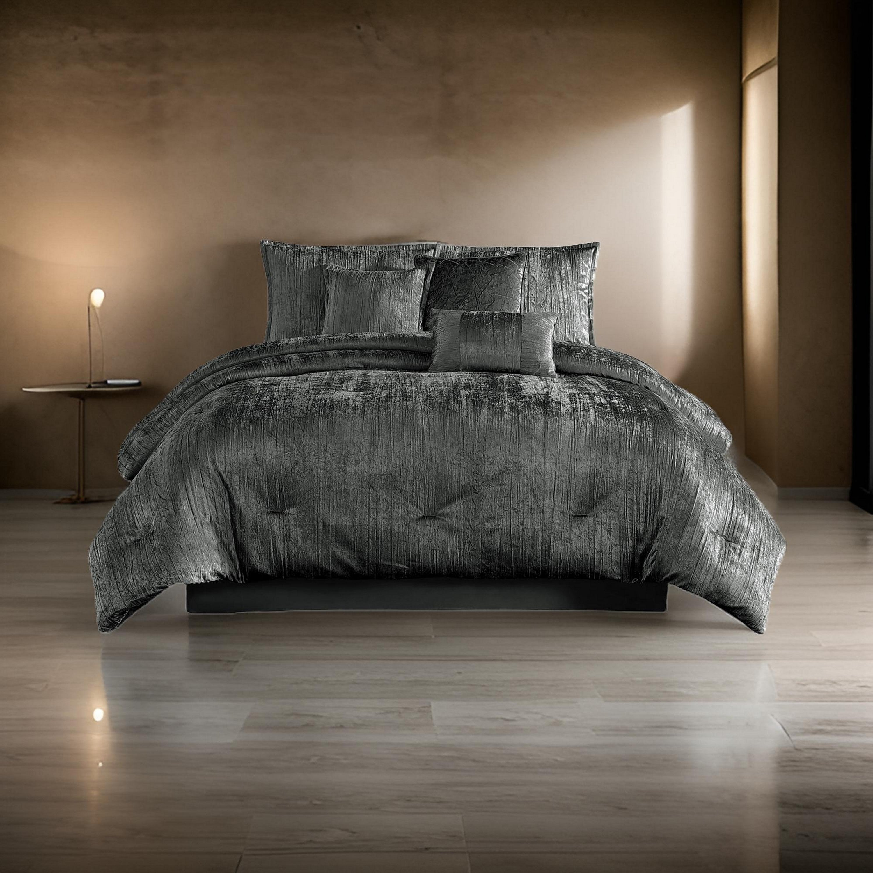 Benjara Jay 7 Piece Queen Comforter Set, Polyester Velvet Deluxe Texture, Gray