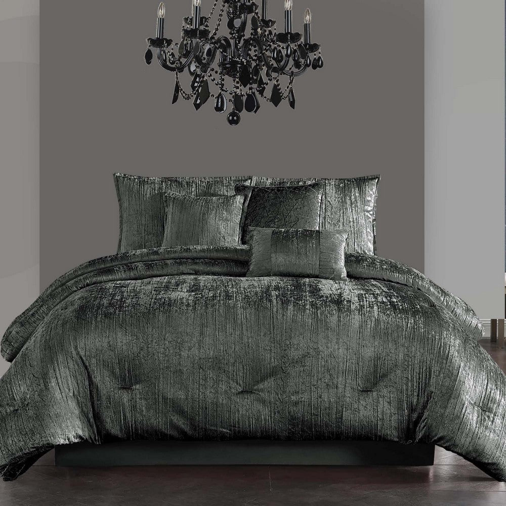 Benjara Jay 7 Piece King Comforter Set, Polyester Velvet, Deluxe Texture, Gray