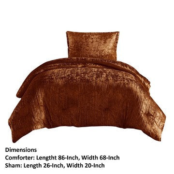 Benjara Jay 2 Piece Twin Comforter Set, Copper Polyester Velvet Deluxe Texture