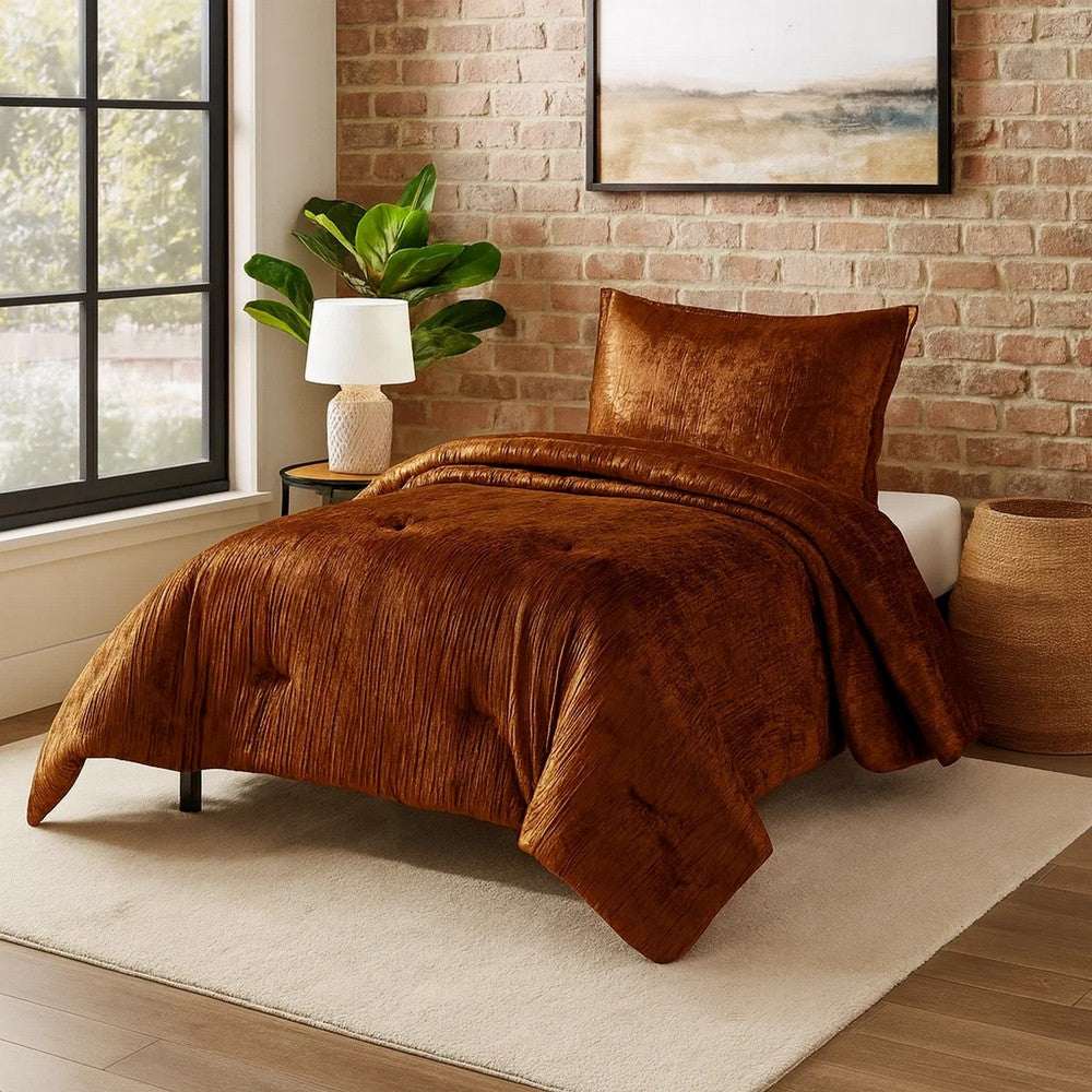 Benjara Jay 2 Piece Twin Comforter Set, Copper Polyester Velvet Deluxe Texture