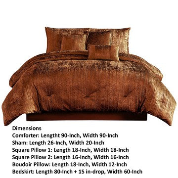 Benjara Jay 7 Piece Queen Comforter Set, Polyester Velvet, Deluxe Texture Copper