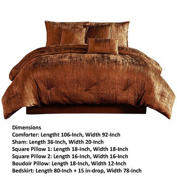 Benjara Jay 7 Piece King Comforter Set, Copper Polyester Velvet Deluxe Texture