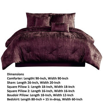 Benjara Jay 7 Piece Queen Comforter Set, Purple Polyester Velvet, Deluxe Texture