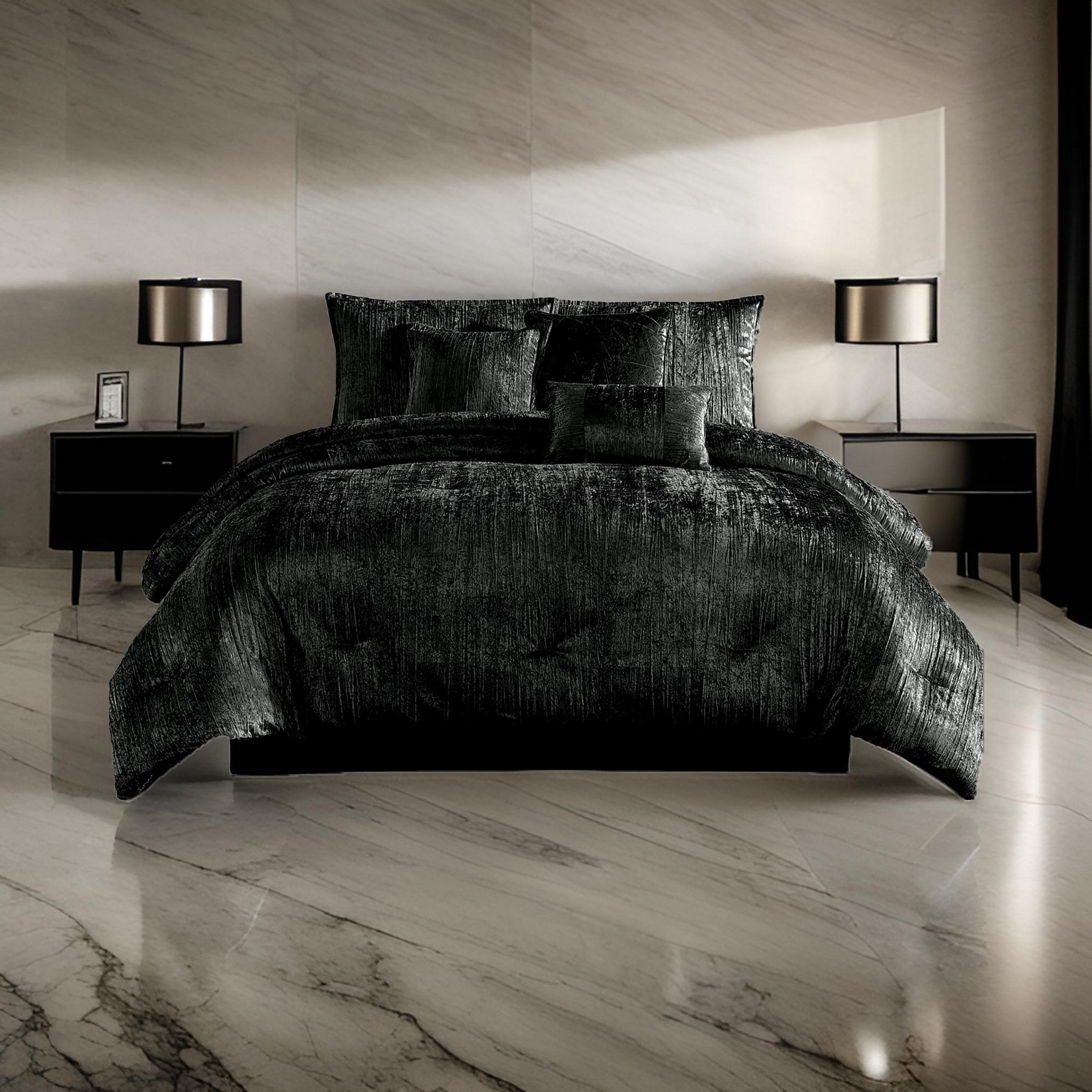 Benjara Jay 7 Piece King Comforter Set, Polyester Velvet, Deluxe Texture Black