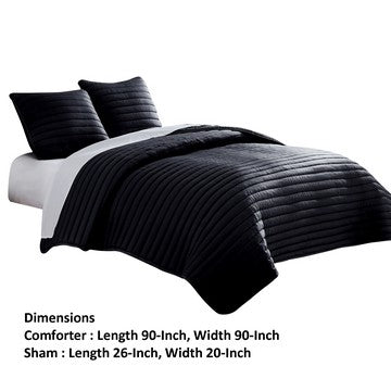 Benjara Cabe 3 Piece Queen Comforter Set, Polyester Puffer Channel Quilted, Black