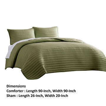 Benjara Cabe 3 Piece Queen Comforter Set, Polyester Puffer Channel Quilted, Green