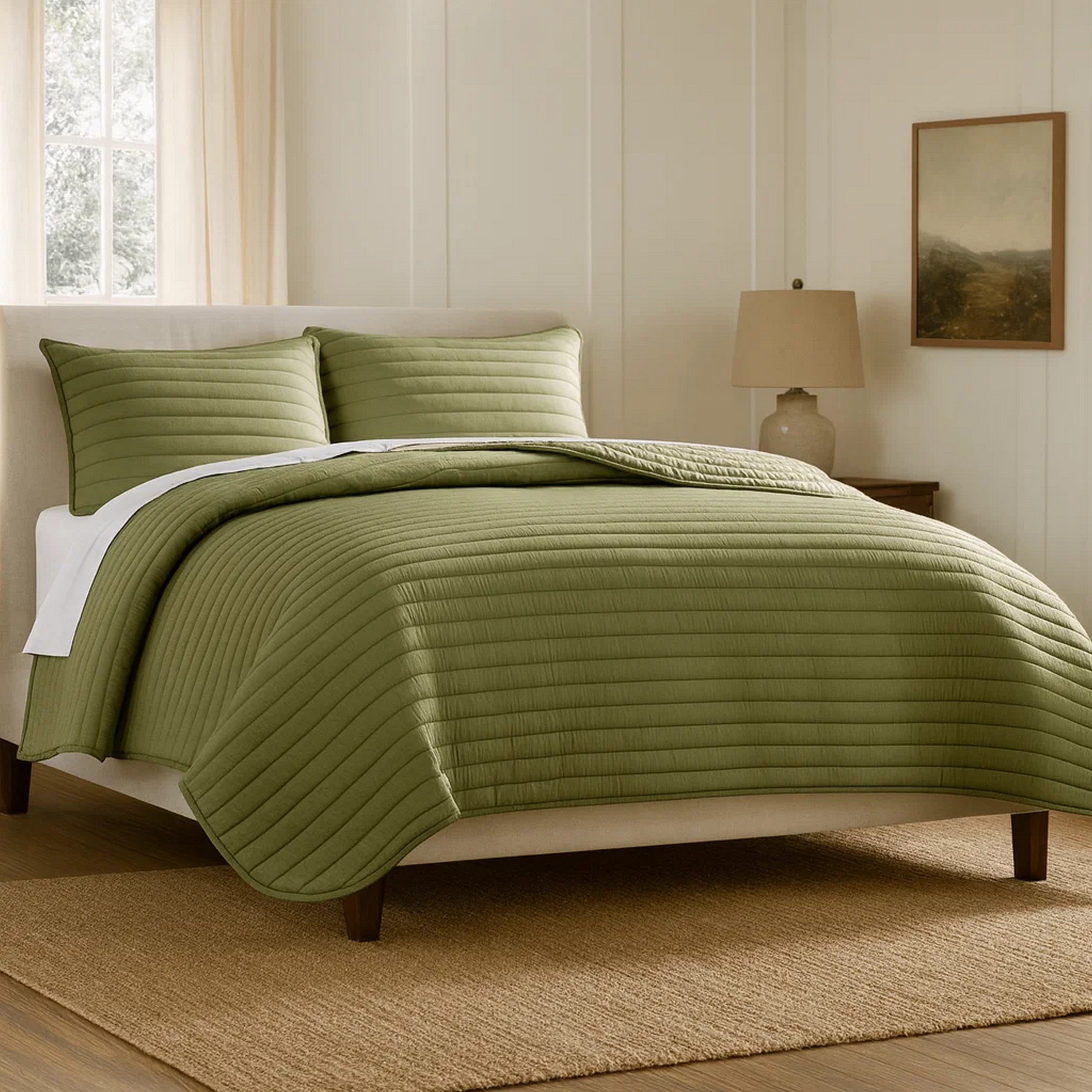 Benjara Cabe 3 Piece Queen Comforter Set, Polyester Puffer Channel Quilted, Green