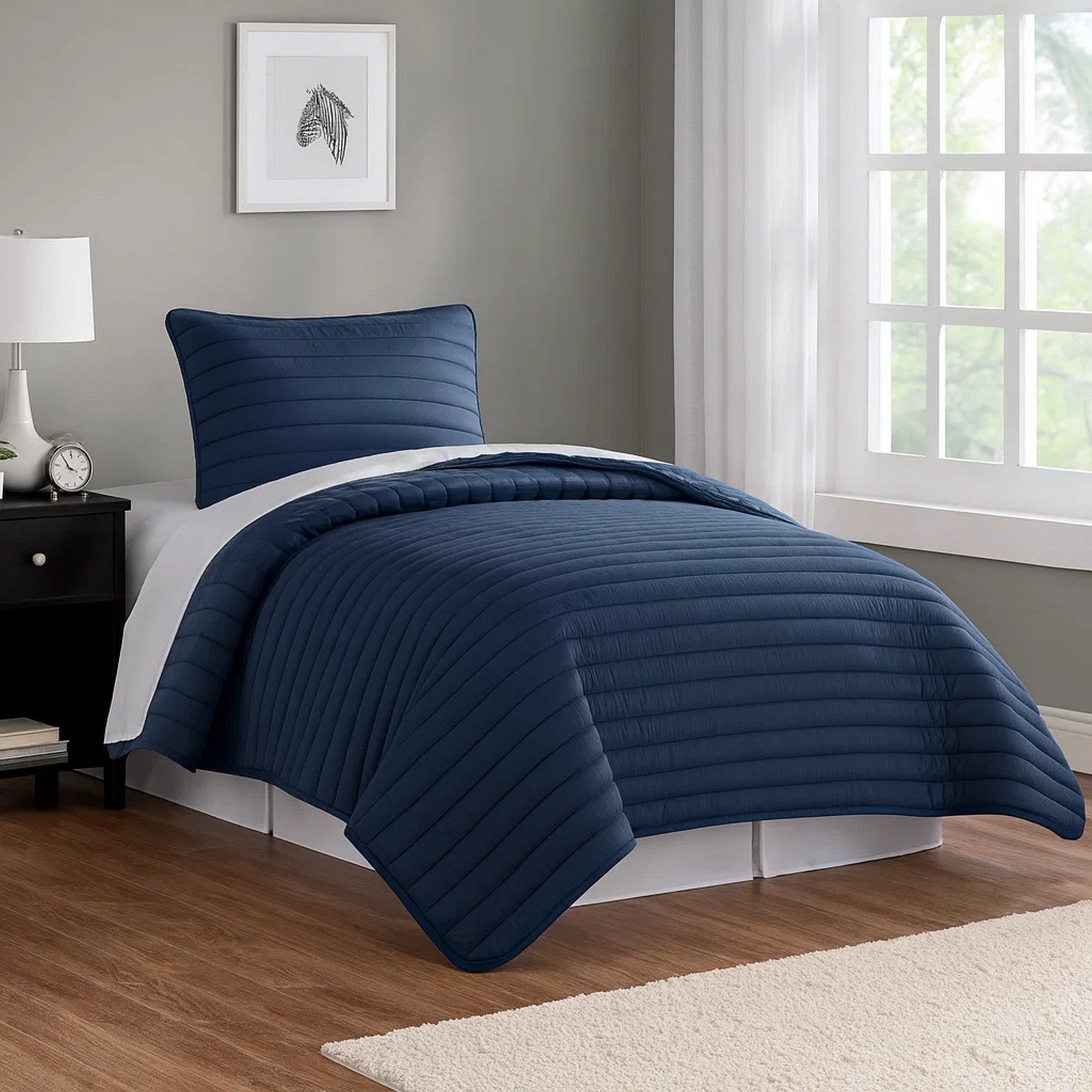 Benjara Cabe 2 Piece Twin Comforter Set, Polyester Puffer Channel Quilted Navy Blue