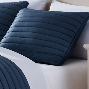 Benjara Cabe 3 Piece Queen Comforter Set, Polyester Puffer Channel Quilt, Navy Blue