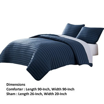 Benjara Cabe 3 Piece Queen Comforter Set, Polyester Puffer Channel Quilt, Navy Blue