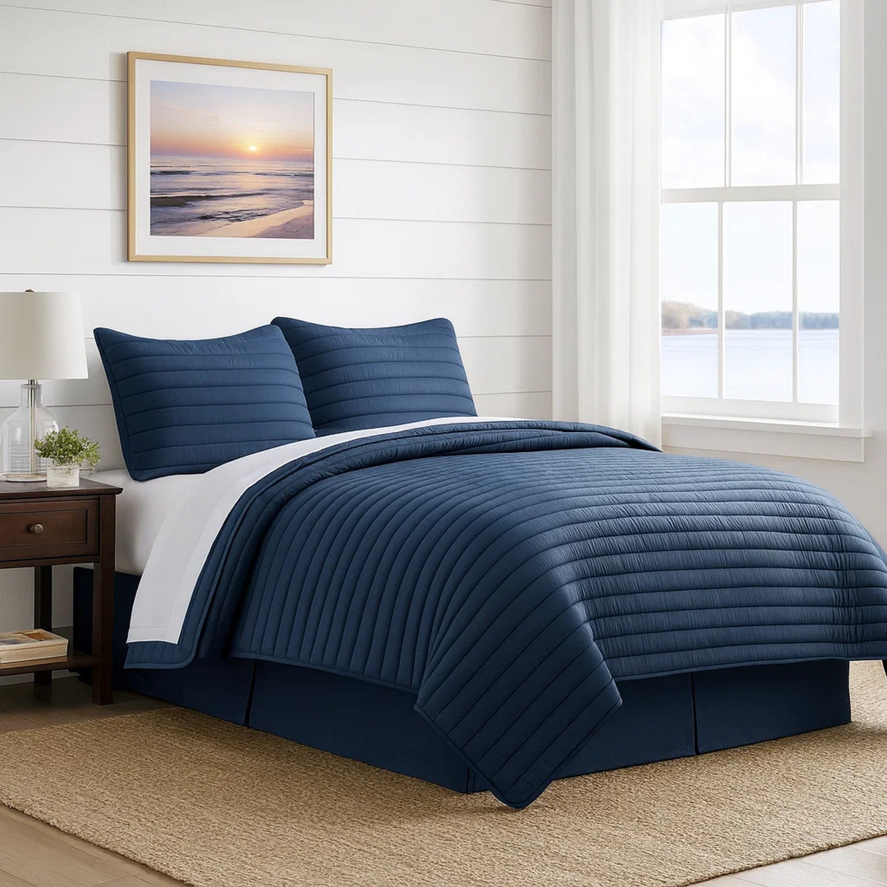 Benjara Cabe 3 Piece Queen Comforter Set, Polyester Puffer Channel Quilt, Navy Blue