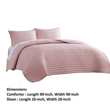 Benjara Cabe 3 Piece Queen Comforter Set, Polyester Puffer Channel Quilt, Rose Pink