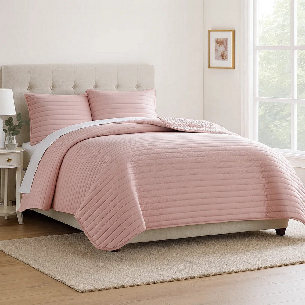 Benjara Cabe 3 Piece Queen Comforter Set, Polyester Puffer Channel Quilt, Rose Pink