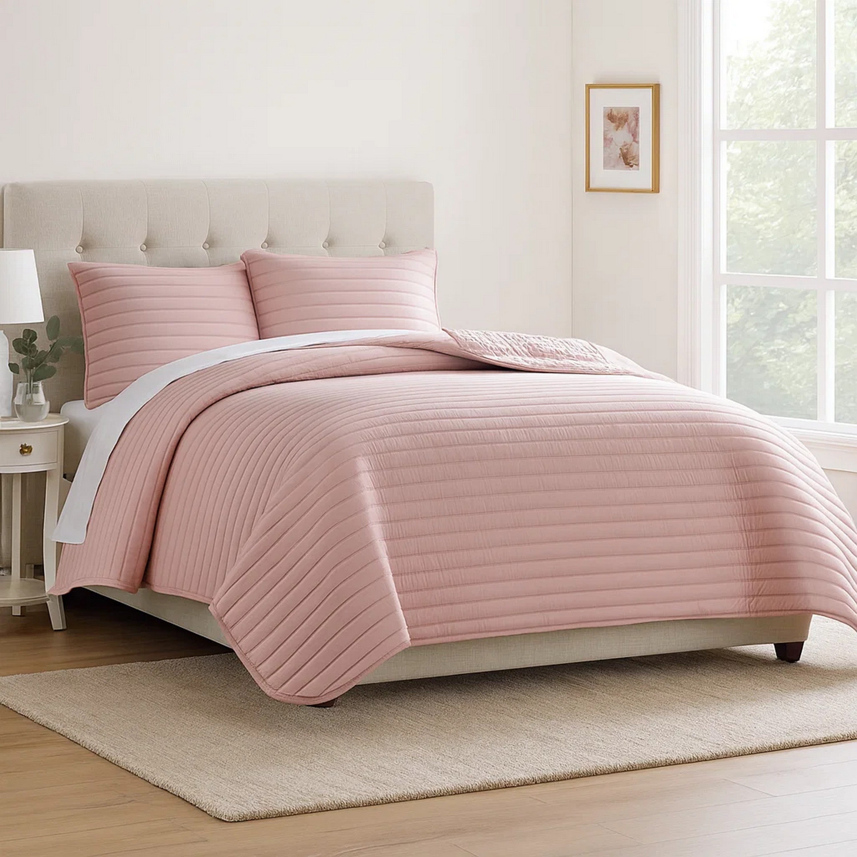 Benjara Cabe 3 Piece Queen Comforter Set, Polyester Puffer Channel Quilt, Rose Pink