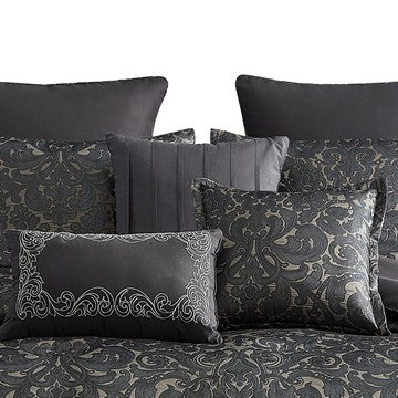 Benjara Pixie 9 Piece Polyester Queen Comforter Set, Damask Pattern, Charcoal Gray