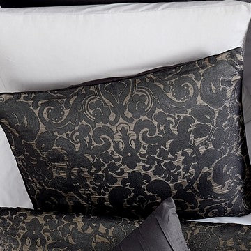 Benjara Pixie 9 Piece Polyester Queen Comforter Set, Damask Pattern, Charcoal Gray