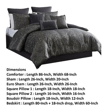 Benjara Pixie 9 Piece Polyester Queen Comforter Set, Damask Pattern, Charcoal Gray
