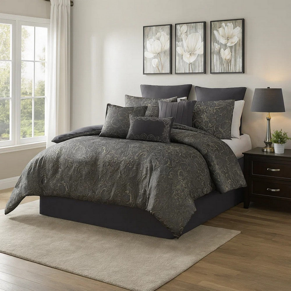 Benjara Pixie 9 Piece Polyester Queen Comforter Set, Damask Pattern, Charcoal Gray