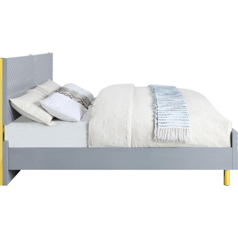 Benjara Tyra Modern King Bed, Panel Headboard, Luxury Textured Chevron, Gray, Gold